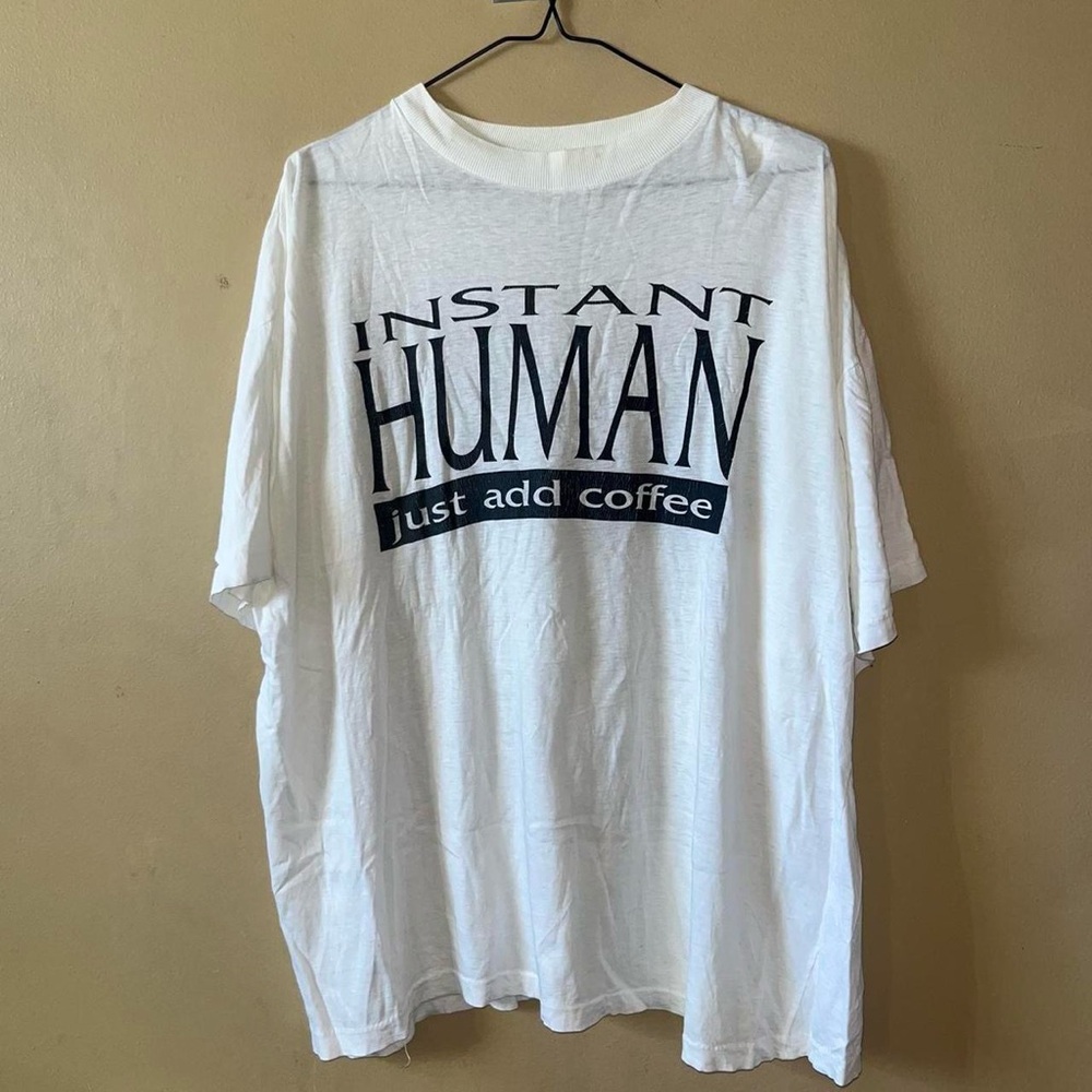 Vintage Instant Human Just Add Coffee Black Text Font Graphic White T-Shirt